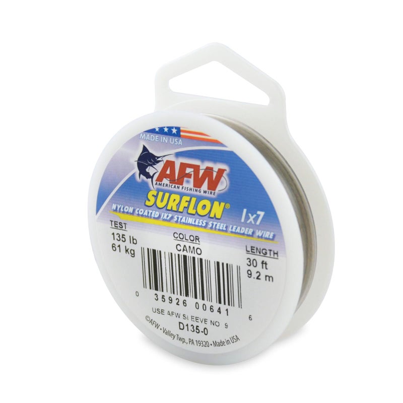 AFW American Fishing Wire Surflon, Nylon Coated 1x7 Stainless Steel Leader Wire, 135 lb Test, .041" Diameter, Camo, 30 ft - Image 1